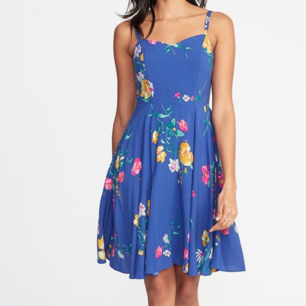 NWOT blue floral print summer dress, smocked back